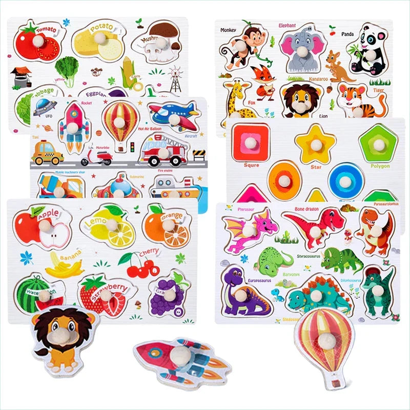 Wooden Hand Grab Boards Baby Educational Cartoon Vehicle Animals Fruits 3D Puzzles Kids Early Education Toys TMZ﻿