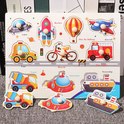 Wooden Hand Grab Boards Baby Educational Cartoon Vehicle Animals Fruits 3D Puzzles Kids Early Education Toys TMZ﻿