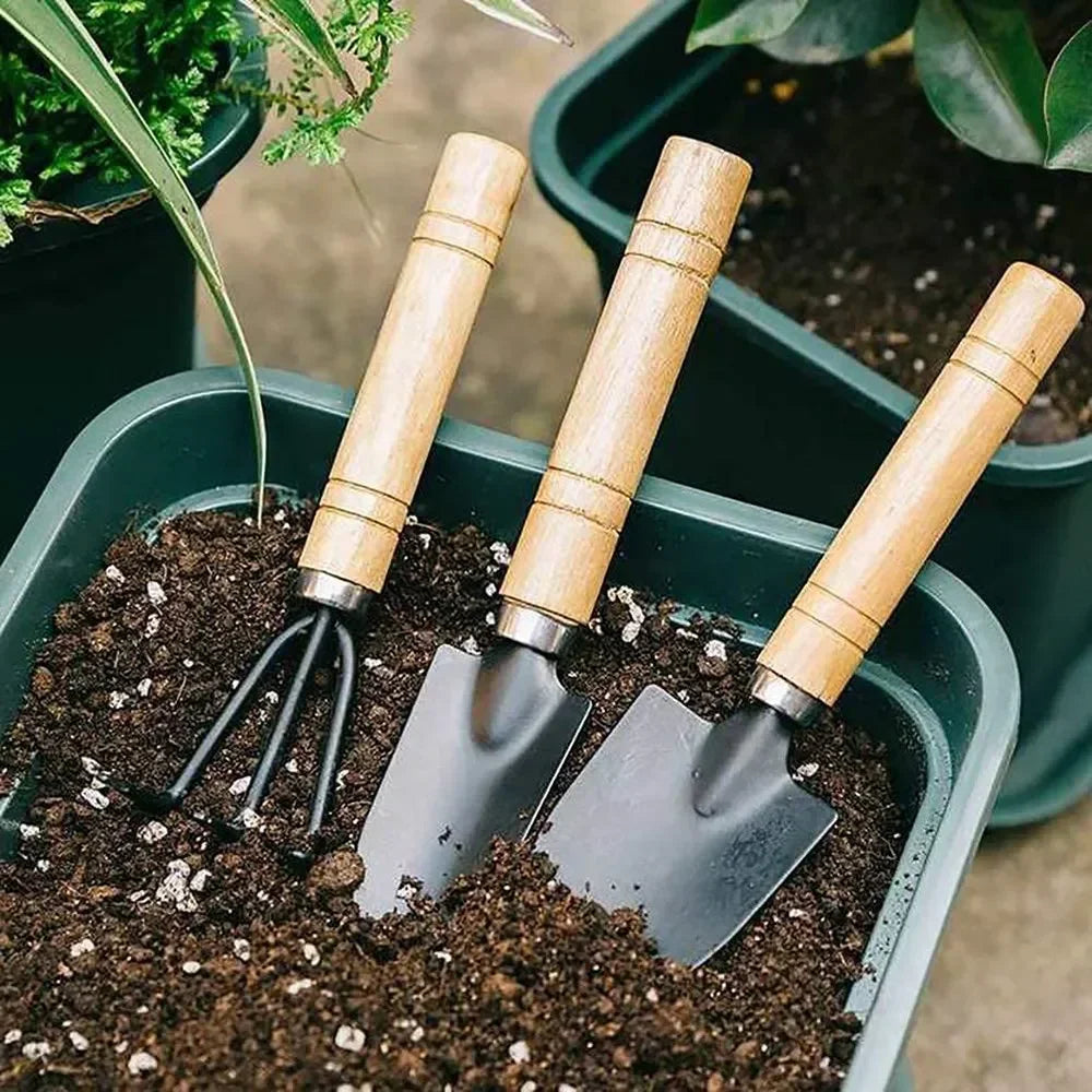 Mini Garden Tool Set (3pcs) – Wooden Handle Shovel, Rake & Trowel for Indoor & Potted Plants