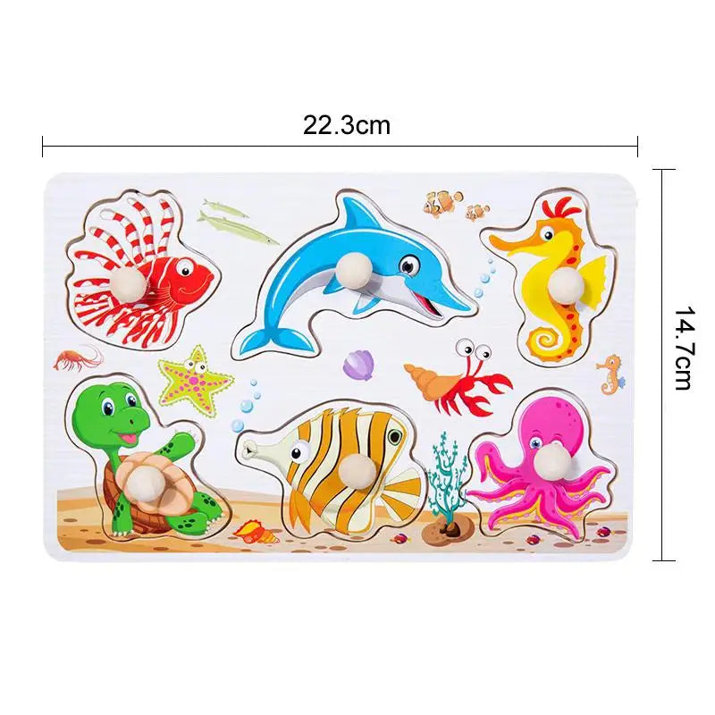 Wooden Hand Grab Boards Baby Educational Cartoon Vehicle Animals Fruits 3D Puzzles Kids Early Education Toys TMZ﻿