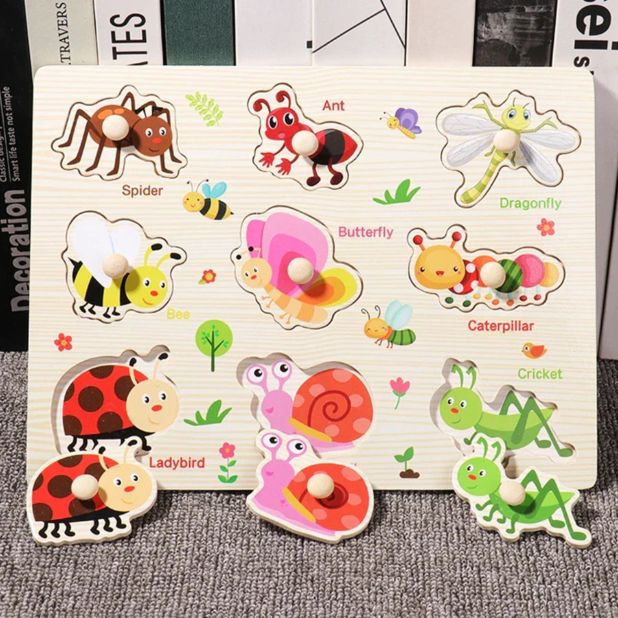 Wooden Hand Grab Boards Baby Educational Cartoon Vehicle Animals Fruits 3D Puzzles Kids Early Education Toys TMZ﻿