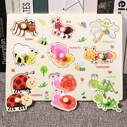 Wooden Hand Grab Boards Baby Educational Cartoon Vehicle Animals Fruits 3D Puzzles Kids Early Education Toys TMZ﻿