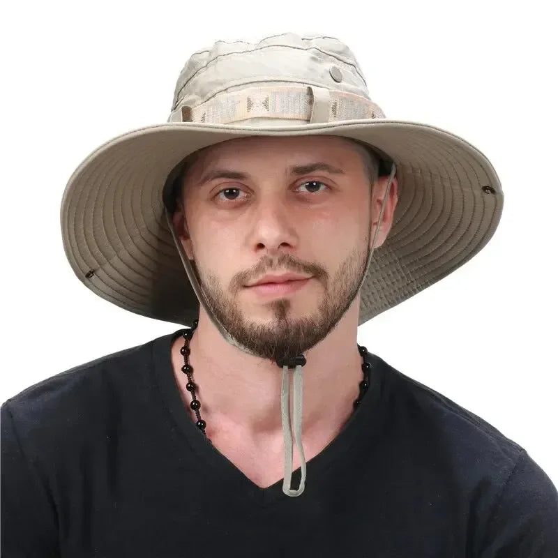 Summer Men Bucket Hat – Outdoor UV Protection Wide Brim Panama Safari Fishing & Hiking Cap