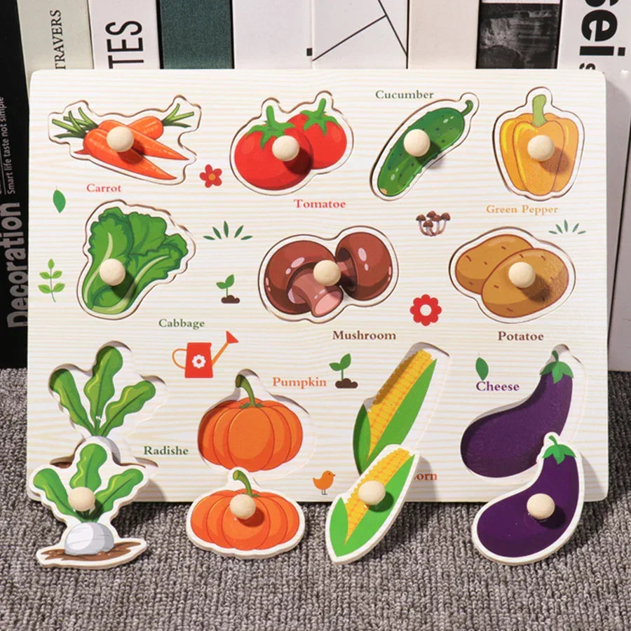 Wooden Hand Grab Boards Baby Educational Cartoon Vehicle Animals Fruits 3D Puzzles Kids Early Education Toys TMZ﻿