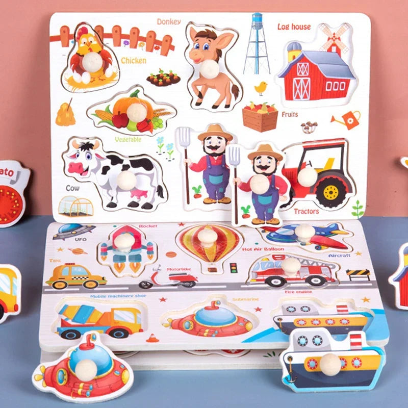 Wooden Hand Grab Boards Baby Educational Cartoon Vehicle Animals Fruits 3D Puzzles Kids Early Education Toys TMZ﻿