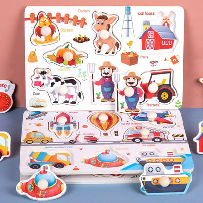 Wooden Hand Grab Boards Baby Educational Cartoon Vehicle Animals Fruits 3D Puzzles Kids Early Education Toys TMZ﻿