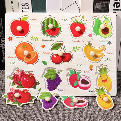 Wooden Hand Grab Boards Baby Educational Cartoon Vehicle Animals Fruits 3D Puzzles Kids Early Education Toys TMZ﻿