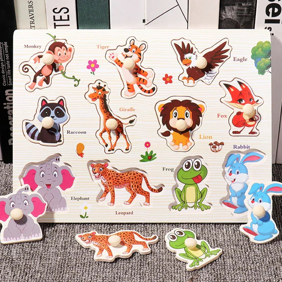 Wooden Hand Grab Boards Baby Educational Cartoon Vehicle Animals Fruits 3D Puzzles Kids Early Education Toys TMZ﻿