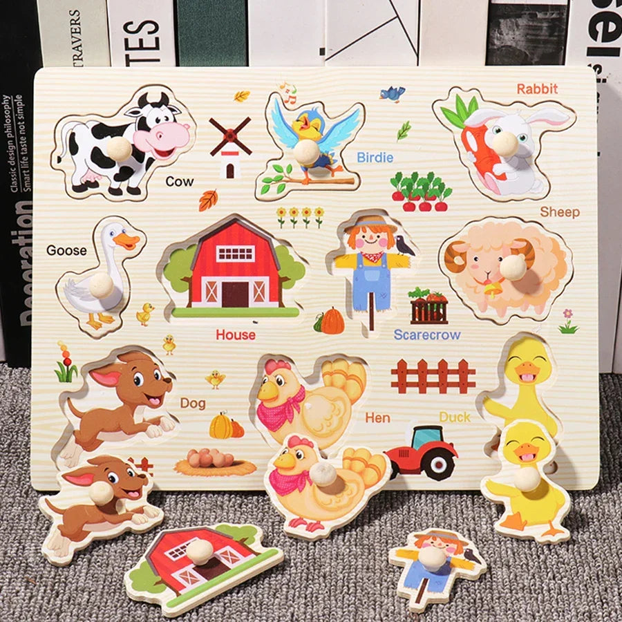 Wooden Hand Grab Boards Baby Educational Cartoon Vehicle Animals Fruits 3D Puzzles Kids Early Education Toys TMZ﻿