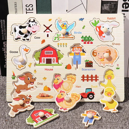 Wooden Hand Grab Boards Baby Educational Cartoon Vehicle Animals Fruits 3D Puzzles Kids Early Education Toys TMZ﻿
