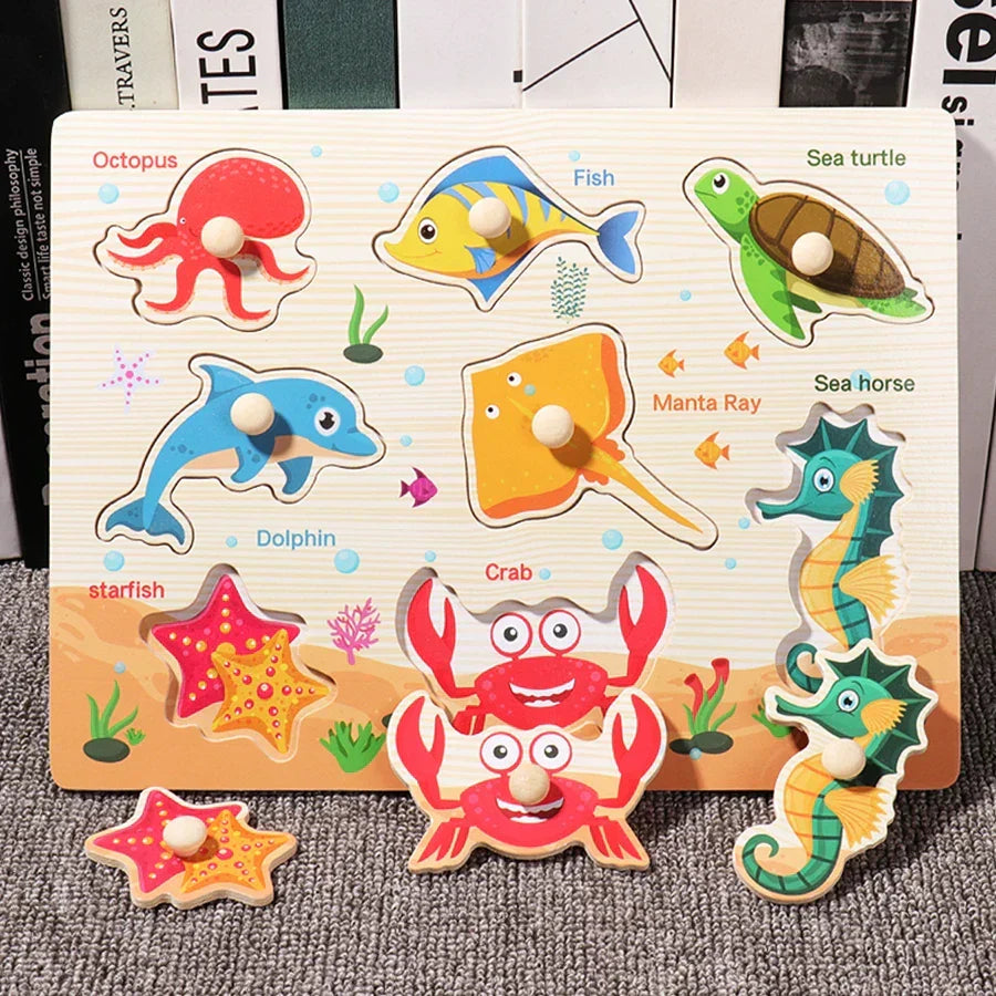 Wooden Hand Grab Boards Baby Educational Cartoon Vehicle Animals Fruits 3D Puzzles Kids Early Education Toys TMZ﻿