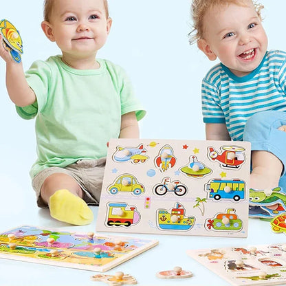 Wooden Hand Grab Boards Baby Educational Cartoon Vehicle Animals Fruits 3D Puzzles Kids Early Education Toys TMZ﻿
