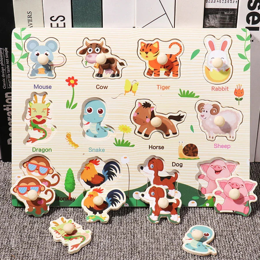 Wooden Hand Grab Boards Baby Educational Cartoon Vehicle Animals Fruits 3D Puzzles Kids Early Education Toys TMZ﻿